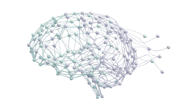 A brain rendered as a constellation of mint and lavender neural connections